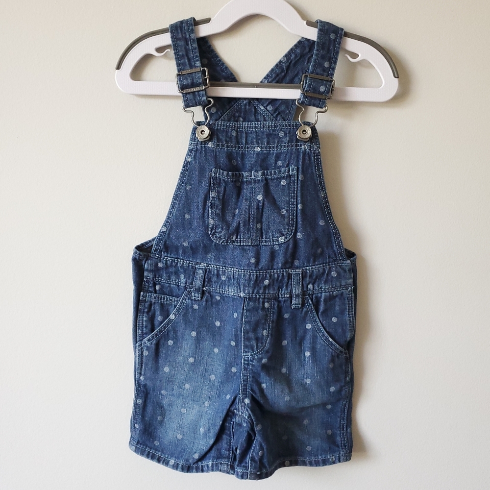 EUC BabyGap toddler shortalls/overalls, size 18-24 months, white polka dot denim